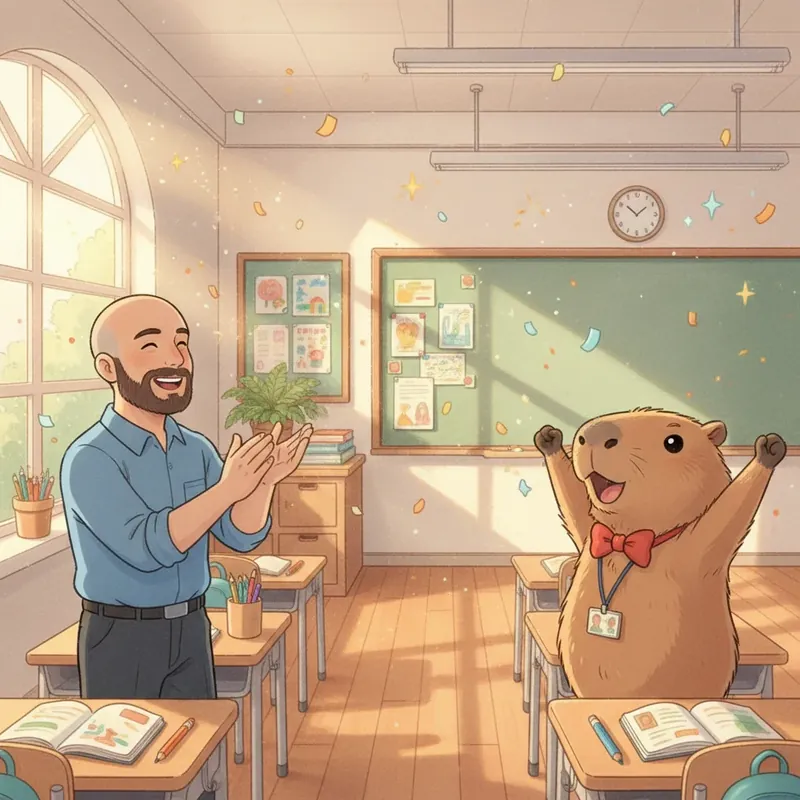 Curibara and Teacher Alex celebrating